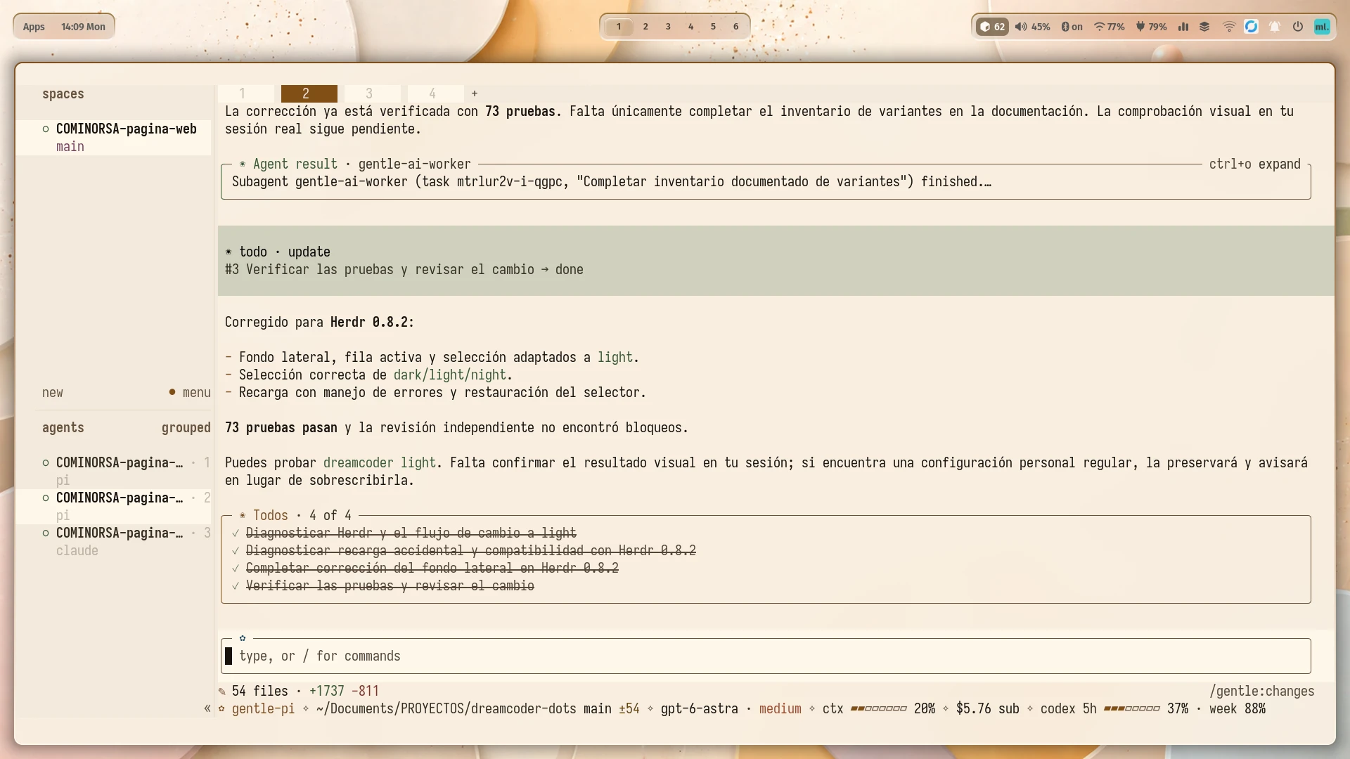 Entorno de terminal de Dreamcoder Workbench sobre Arch Linux